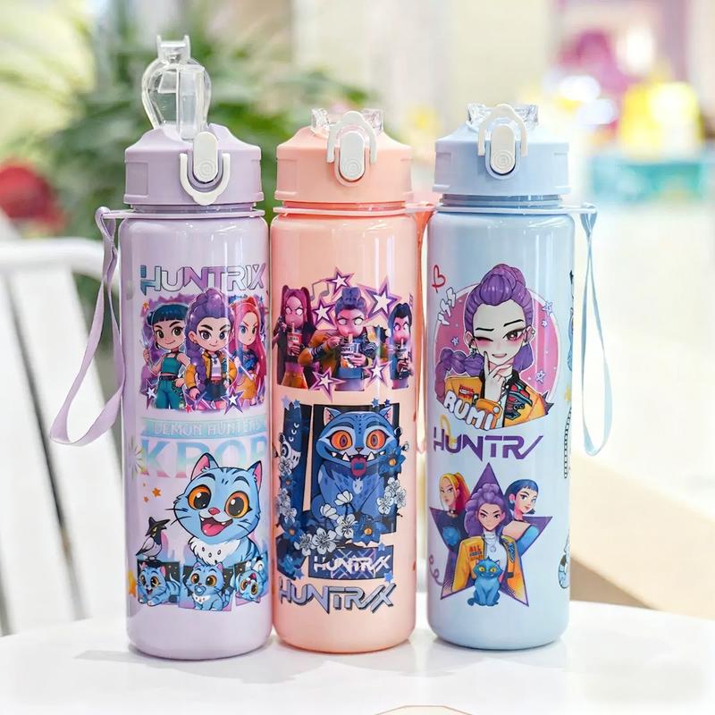 K-Pop Ghost Hunter Theme Totem Water Bottle with Lid and Straw, Reusable Hard Plastic, 700ML Eco-Friendly, Perfect for School, Travel, Halloween Party