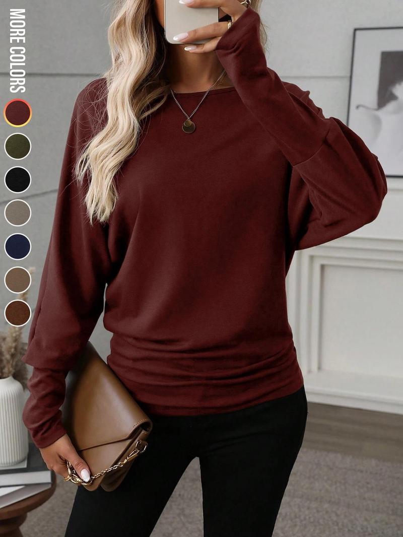 Women's Batwing Sleeve Solid Color T-Shirt, Stretchy Long Sleeve Top, Casual Fashionable Top, Warm Base Layer, Perfect for Everyday Wear & Parties