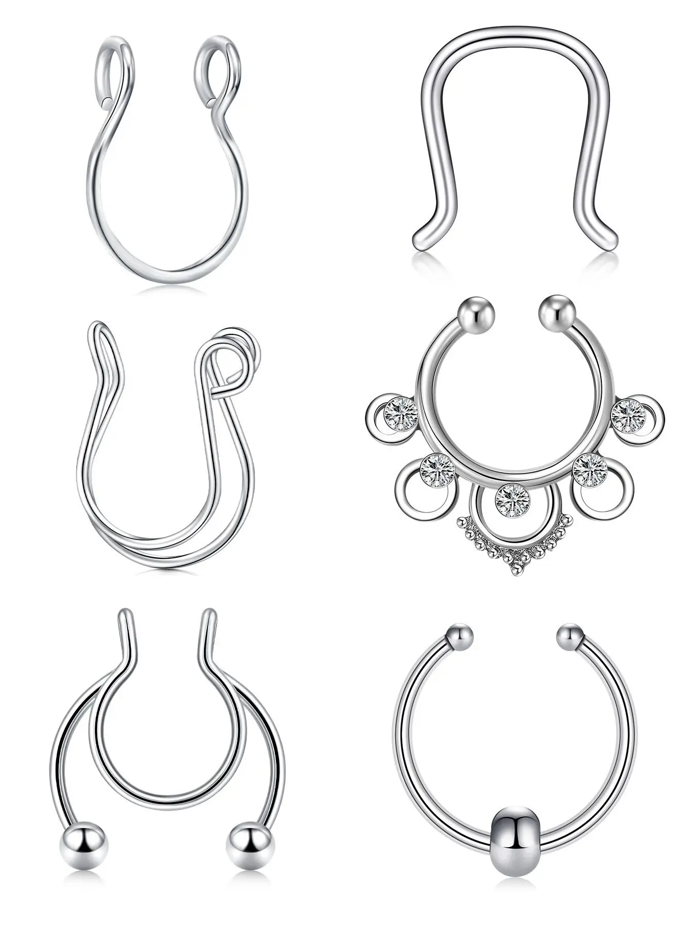 6pcs Fake Nose Ring Set for Women & Men, Clip-On Faux Nose Piercings, Non-Piercing Septum Cuffs, Stylish Lip Rings Accessory, Nose Ring Jewelry, Body Jewelry, Body Jewellery