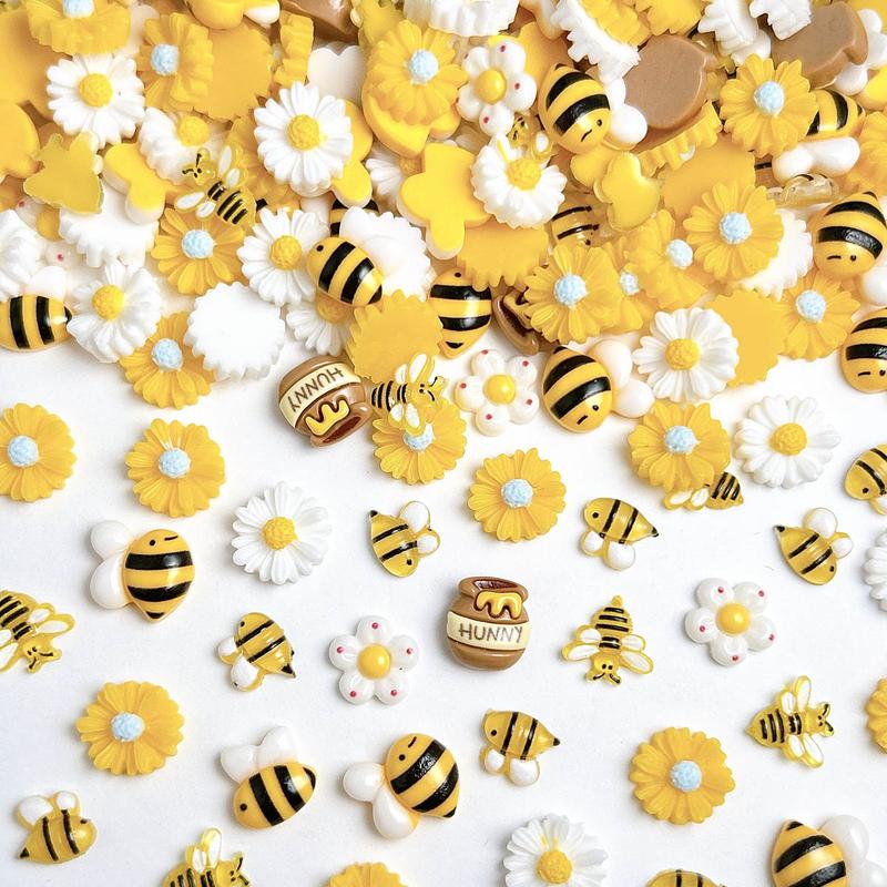 100PCS Cartoon Resin Bee Flower Nail Charms 3D Kawaii Creative Honey Can Nail Decors DIY Keyboard Phone Case Nail Ornaments
