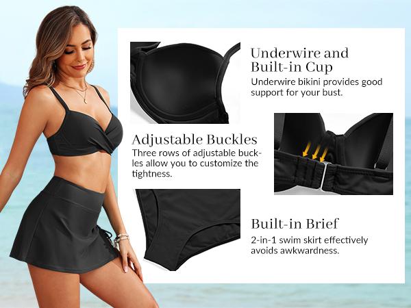 Yonique Womens Underwire Bikini with Skirt - Push Up Bathing Suit Two Piece High Waisted Swimsuit 2026 Swimwear