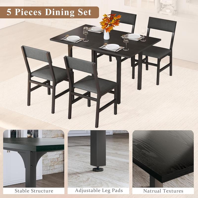 Dining Table Set for 4, Extendable Kitchen Table Cushion Chairs Set of 4, Rectangle Dining Table with Metal Frame & MDF Board, Folding for Small Apartment Saving Space, Black Dining Table Set for 4, Extendable Kitchen Table Cushion Chairs Set of 4, Rectangle Dining Table with Metal Frame & MDF Board, Folding for Small Apartment Saving Space, Black