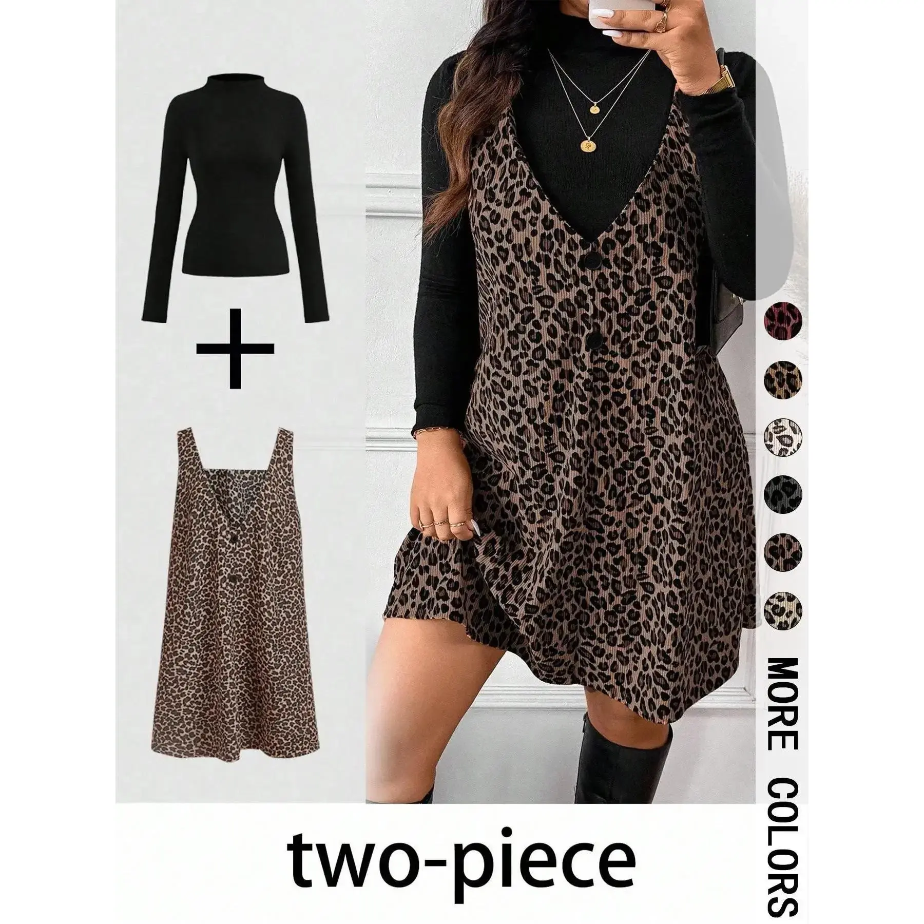 Women's 2-Piece High Neck Long Sleeve Inner Layer & Leopard Print Strap Skirt Set, Casual Daily Spring Autumn Commuter Womenswear Ensemble