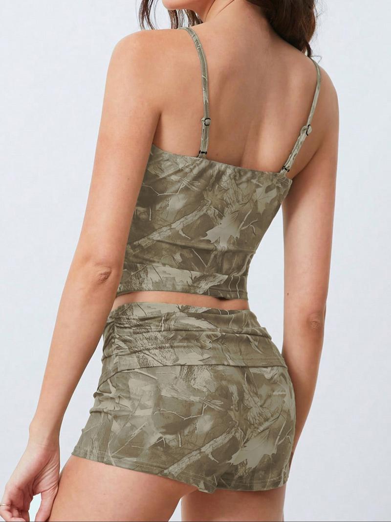Women's Camo Print Cami Top & Shorts Two-Piece Set, Casual Fashion Cozy Two Piece Outfits for Daily Outdoor Wear, Ladies Clothes for All Seasons