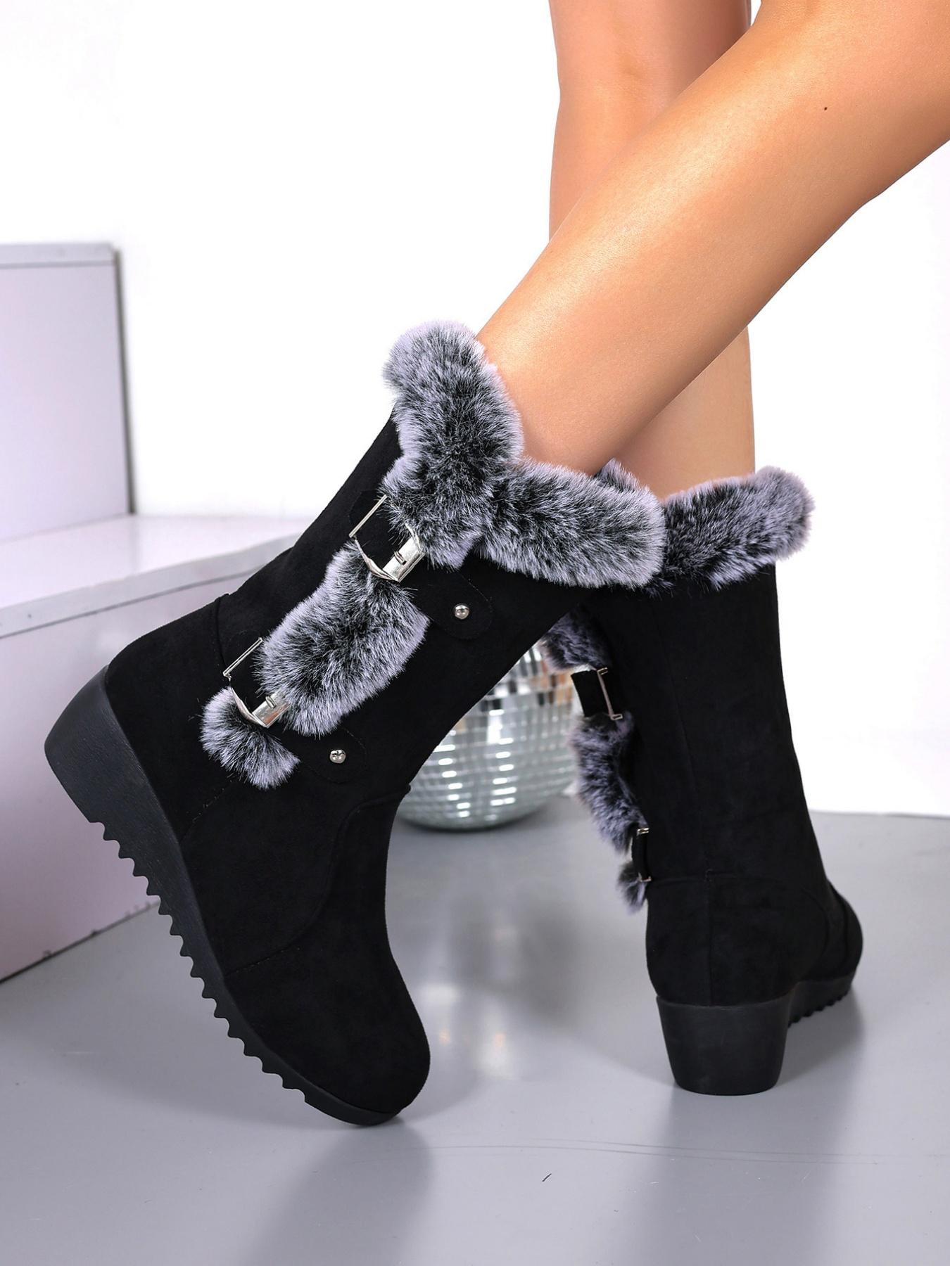 【Size Runs Small】 Women's Solid Color Boots, Fashionable Warm Boots for Winter Holiday Gift, Non-slip Outdoor Snow Boot Shoes for Women & Girls, Fur Boots for Women