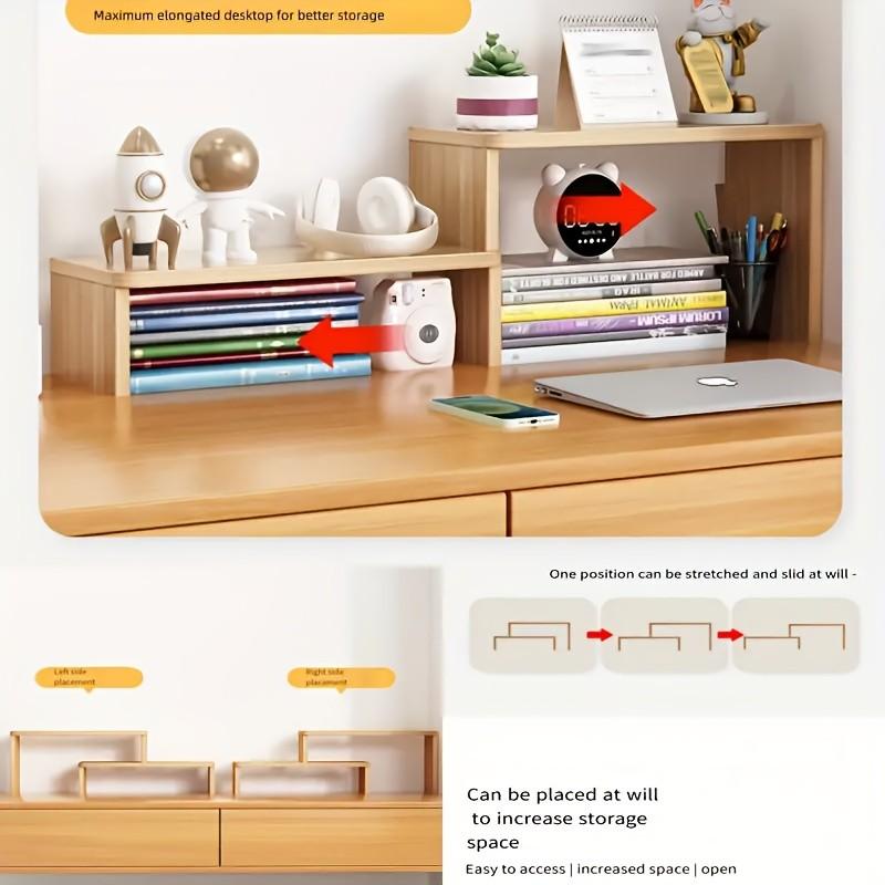 Multifunctional Adjustable Wooden Desktop Storage Rack Organizer, Perfect for Desk Office Living Room, Wood Color