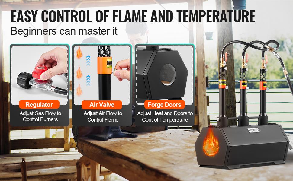 VEVOR Portable Propane Forge, 3 Burner Farrier Forge, 2600 Tool and Knife Making Blacksmithing Gas Forge, Large Capacity Hexagon Cold-Rolled Steel Gas Forging Tools and Equipment for Metal Forging