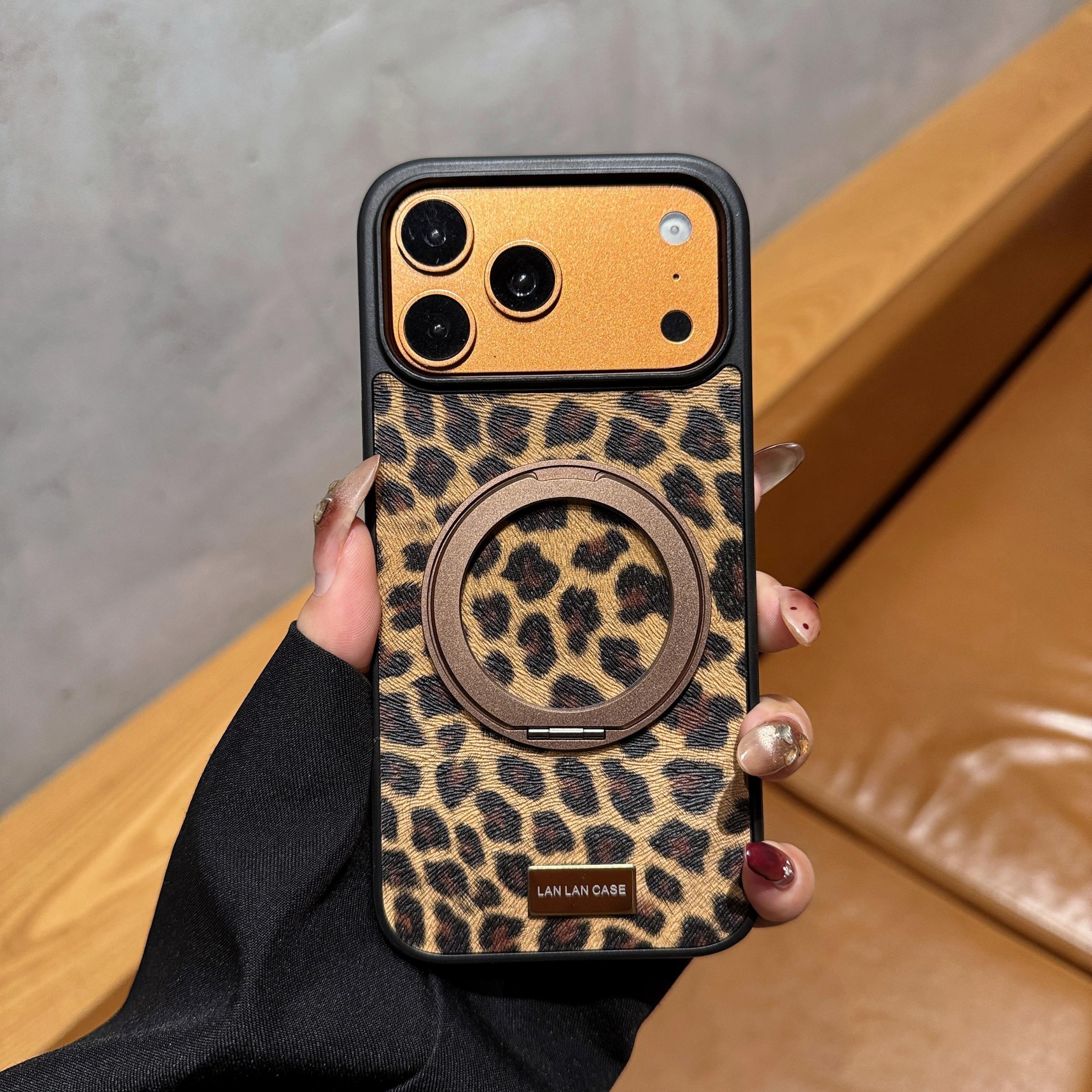 Women's Leopard Pattern 360 Rotating Magnetic Stand Apple Case, New Trendy iPhone Shell, Compatible with iPhone 17/16/15/14 Series