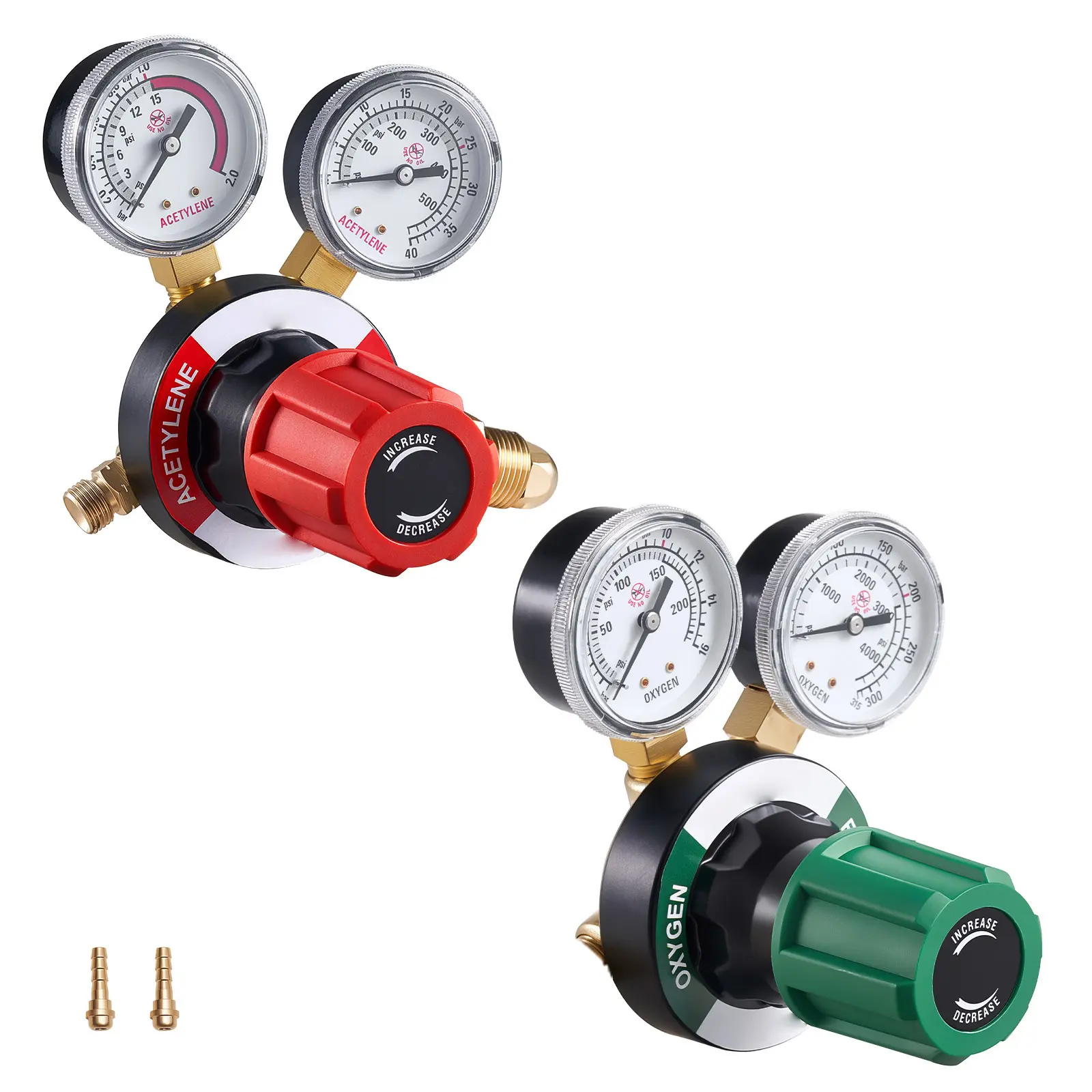Oxygen Acetylene Regulator Set, Oxy-Acetylene Regulators, 0-4000PSI and 0-500PSI Welding Gas Gauges with CGA-540/CGA-510 Inlet Connection & 9/16"-18 Outlet Connection, PC Knob Adjustment
