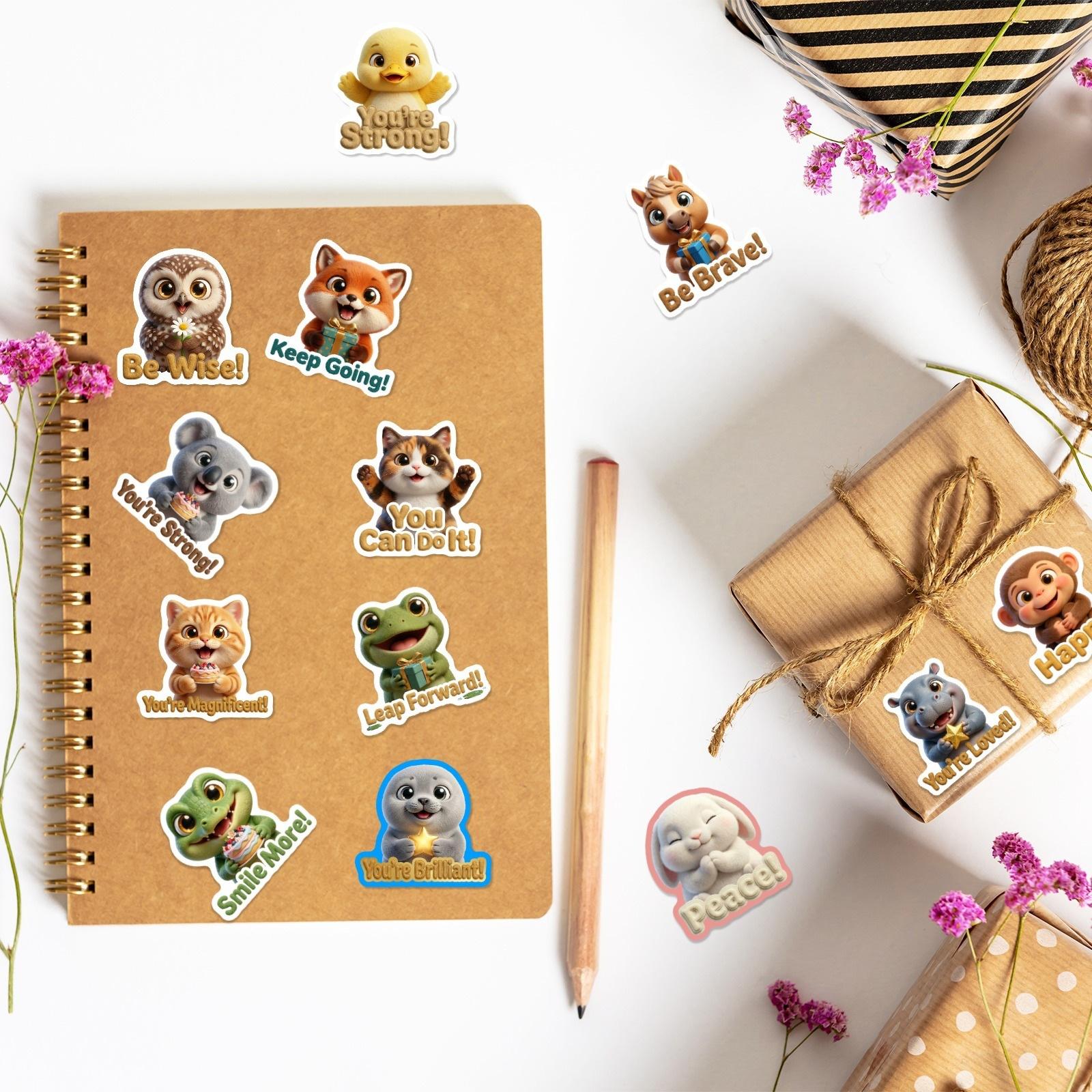 New 50-sheet set of 3D cartoon cute and adorable pet positive slogan stickers for waterproof cups and notebook decorative stickers