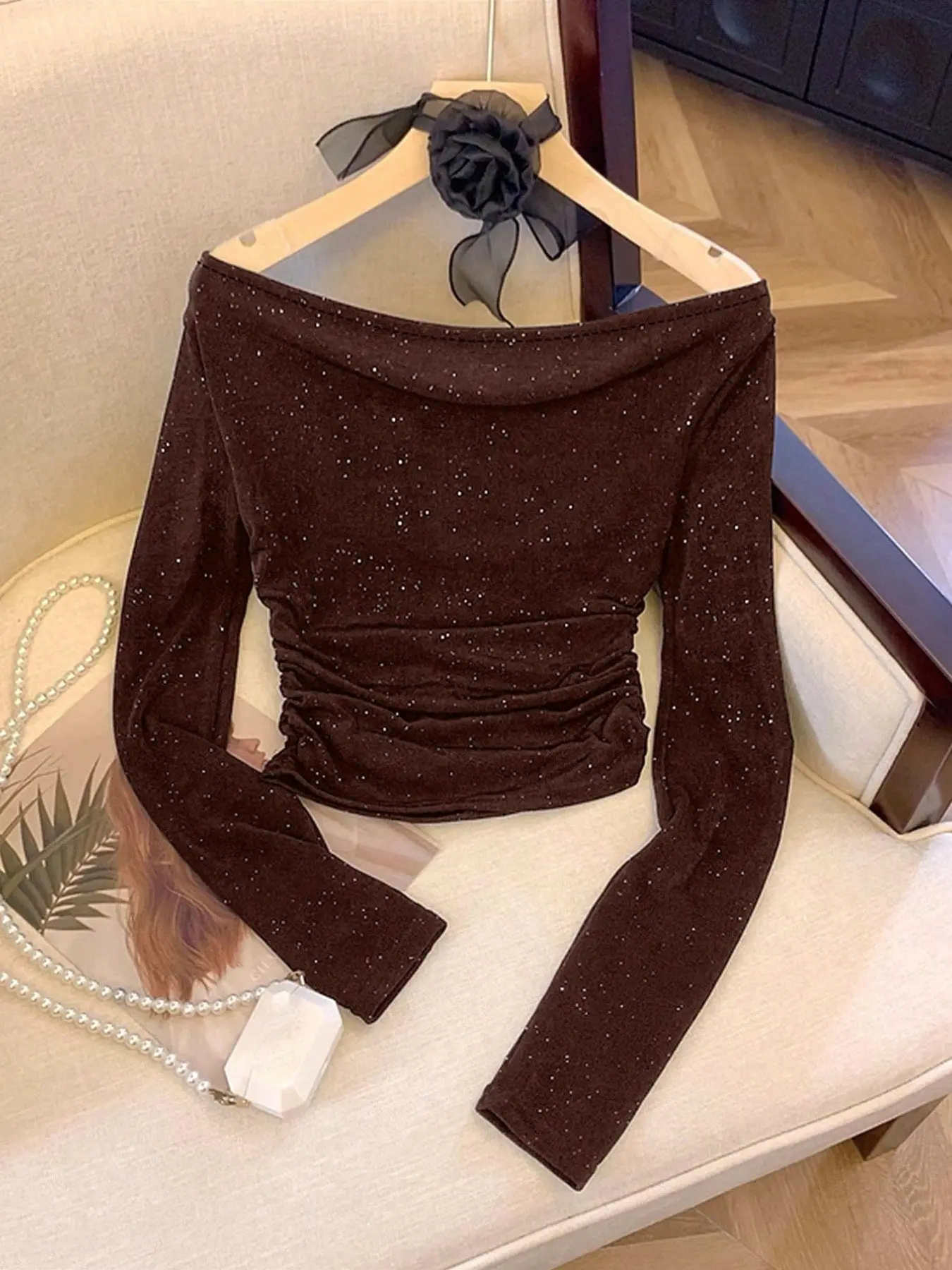 Women's off Shoulder Shimmer Top, Long Sleeve Pleated Shirt, Sequin Streetwear, Y2K Party Night, Sexy Slim Fit Casual Top, Date Night & Holiday Wear