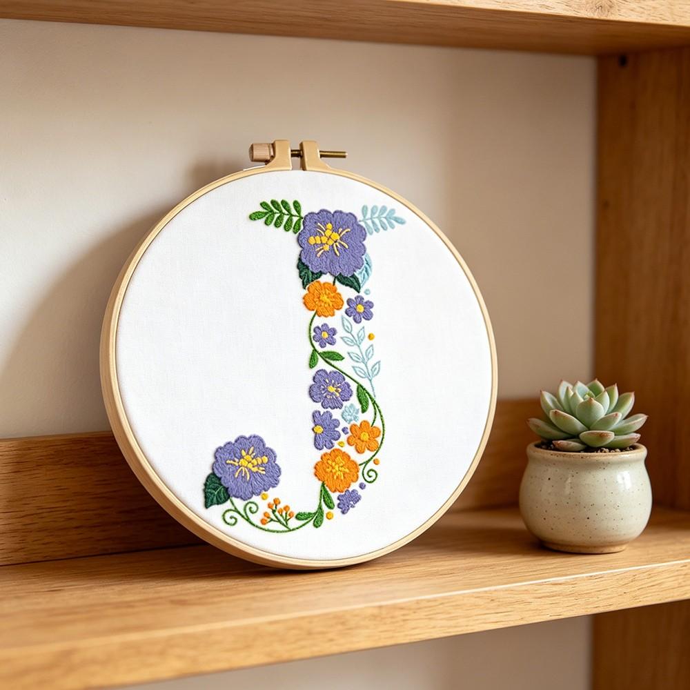 Creative Floral Letter Embroidery Kit, Beginner-Friendly Sewing Art Set, Includes Embroidery Cloth, Threads, Tools(random color), Instructions, Unique Home Decor, Gift, Souvenir