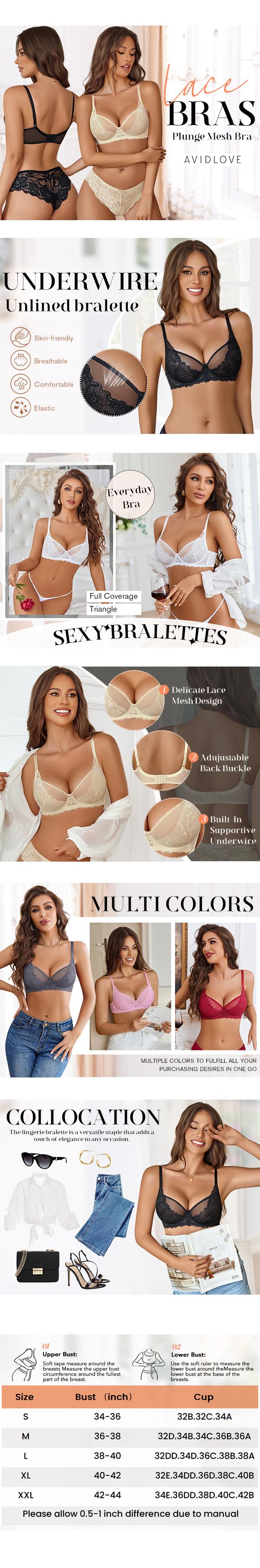 Avidlove Women's Lace Bra Underwire Bralettes Unlined Mesh Full Coverage Lingerie Everyday Bras with Adjustable Straps & Floral Lace Design