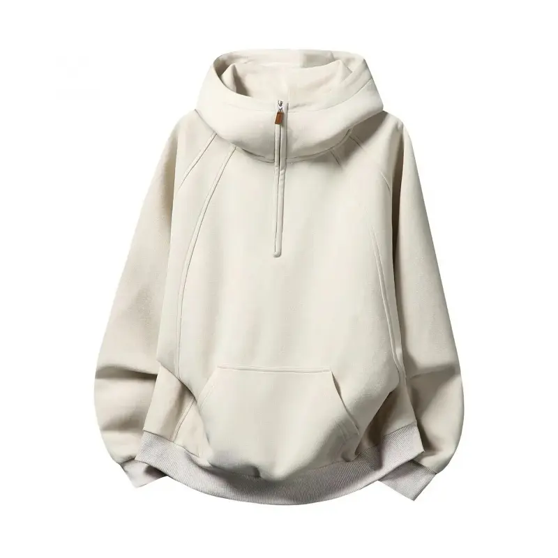 Menswear Men's Mock Neck Half-Zip Hoodie Sweatshirt, Tops with Raglan Long Sleeves, Kangaroo Pocket, Slim Fit Dropped Shoulders, Pullover, Khaki, American Minimalist Casual for Everyday Wear & Commuting (Spring/Autumn)