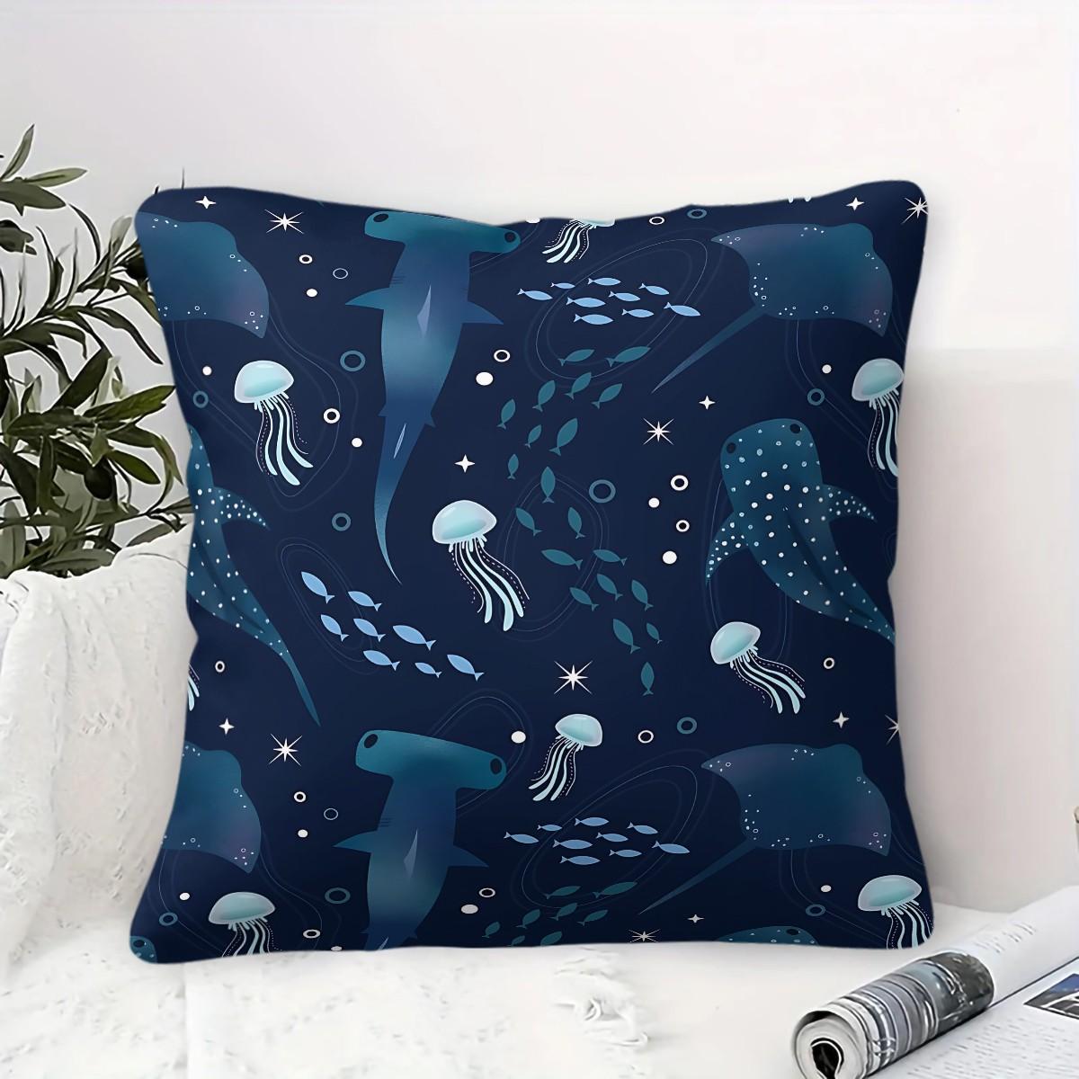 Deep-Sea Creature Patterned Throw Pillows, a Lively Hammerhead Shark and Jellyfish, 45cm Square and Include a Pillow Insert. Perfect Choice for Ocean-Themed Decor, Offering Soft Comfort and an Ideal Addition to Sofas and Bedrooms.