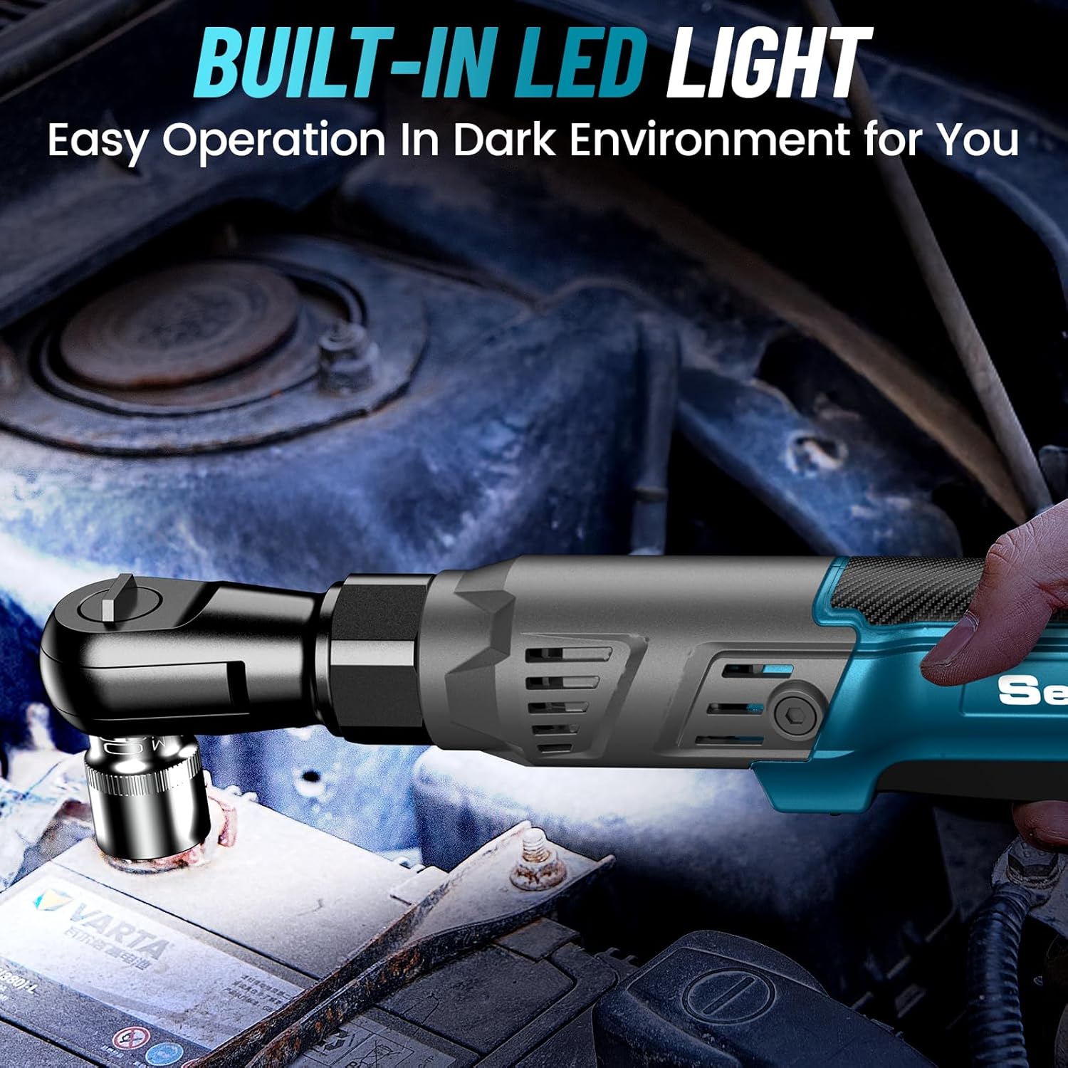 SEESII 21V Cordless Electric Ratchet Wrench Set - 90N.m (66Ft-lbs) Torque, 3/8", 200RPM, Variable Speed Trigger, 2x 2.0Ah Batteries & Charger, 8 Sockets, Adapters & Extension Bar, Black Friday Deals