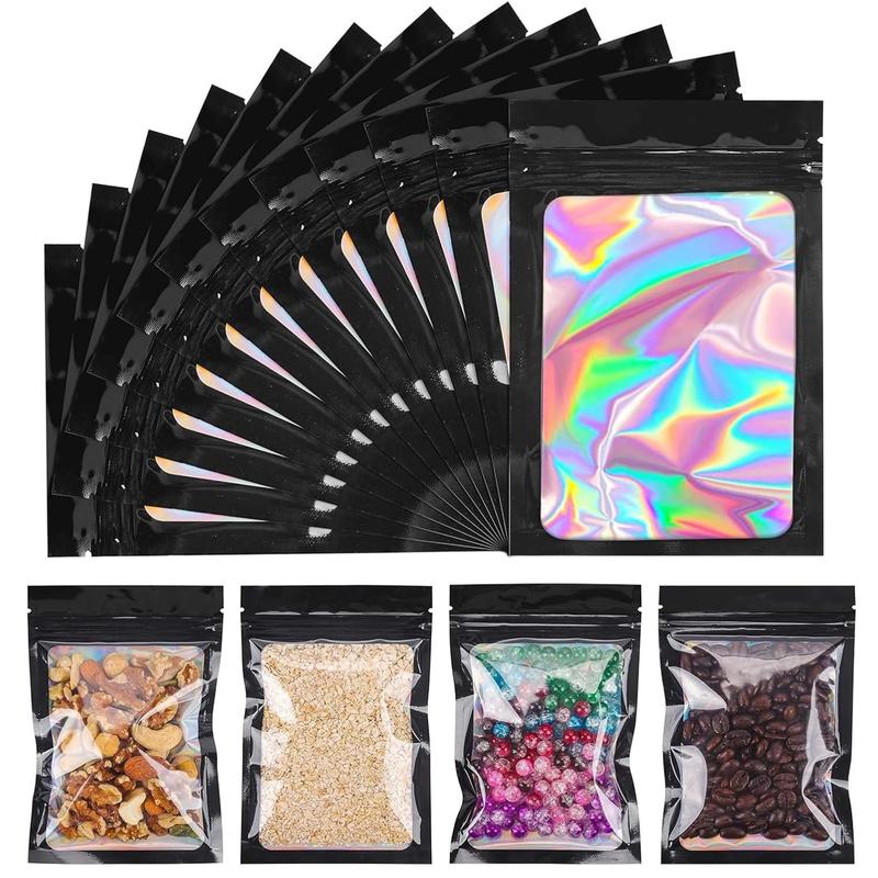 Mylar Holographic Bags 300 Pack with Clear Window Resealable Smell Proof Organiser Bags Zipper Foil Pouch for Samples Small Business Black 4x6 Inches - Aluminium