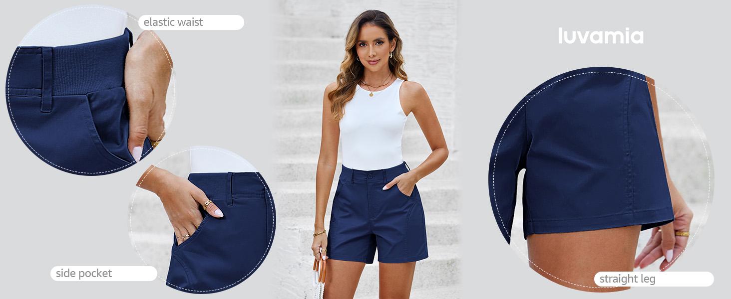 luvamia Shorts for Women Trendy Casual Summer High Waisted Chino Shorts Ribbed Elastic Waist Comfy Shorts with Pockets Womenswear Bottom Fitted Minimalist jorts jean shorts