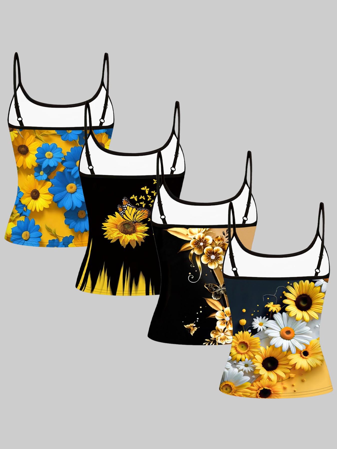 Sunflower Daisy Print Halter Top, Summer Home Sleepwear Outerwear, Unique Slim Fit Shirt, Four-Piece Set, Casual Style