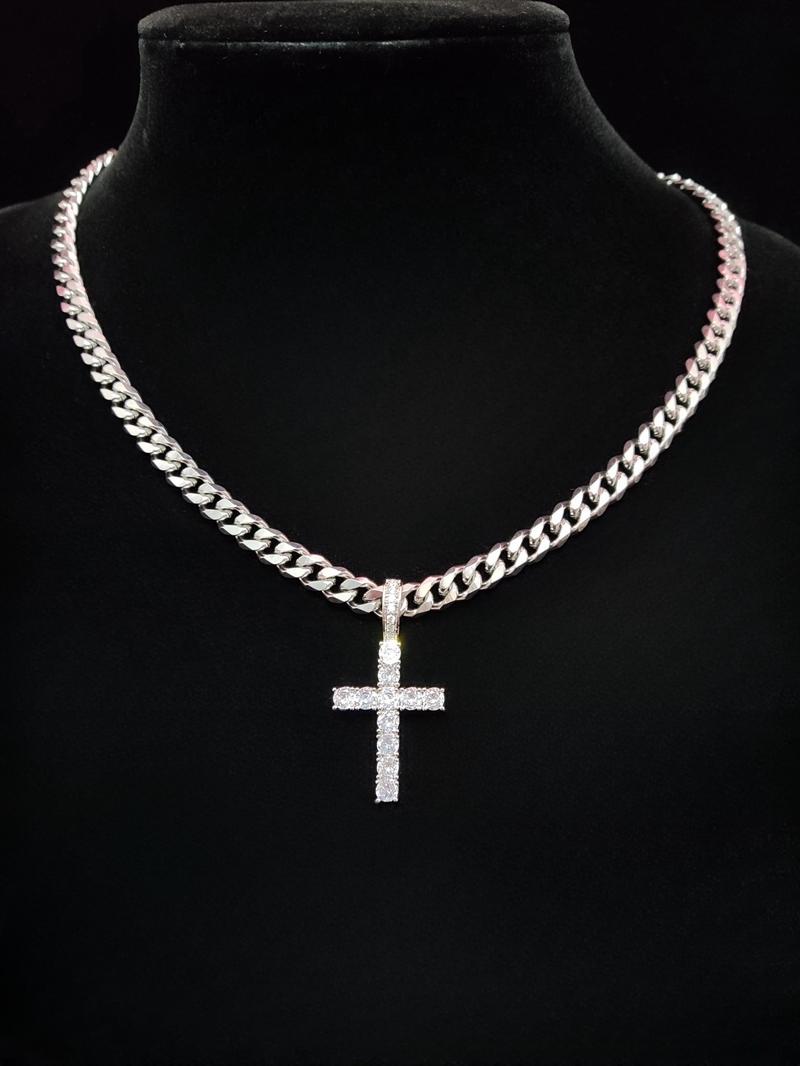 Unisex Easter Street Cross Pendant Necklace, Rhinestone Decor Cuban Chain Necklace, Cuban Link Necklace for Party & Daily Clothing Decor for Men & Women, Exquisite Jewelry for Birthday