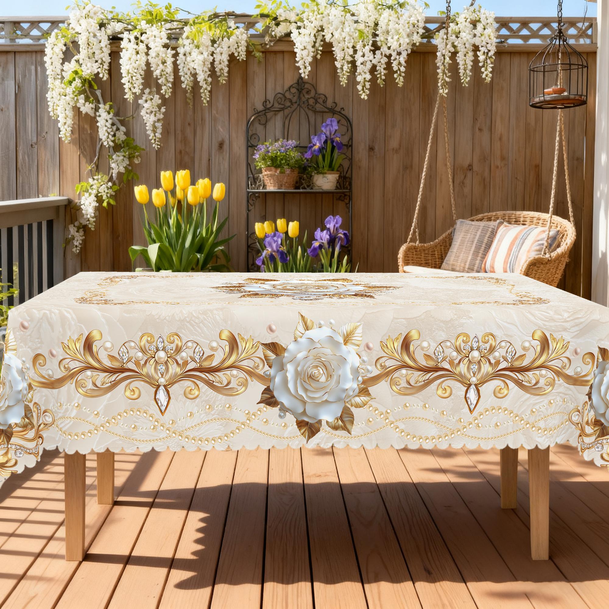 PUFMATE Floral Tablecloth, French Elegant Floral Print Tablecloth, Rectangle Round Multiple Sizes Table, New Year Party Decor, Outdoor Gardens, Festive Gatherings, Valentine's Day, Restaurant Banquet Decorations, Family kitchen Room Decorating