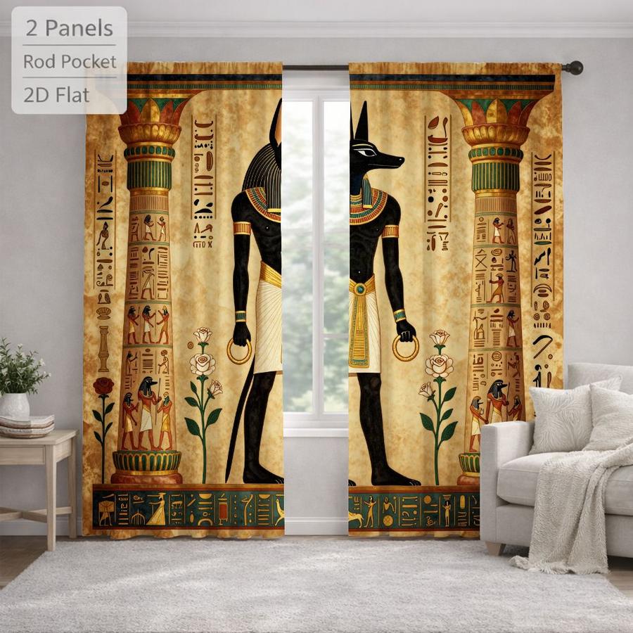 2Pcs Ancient Egyptian Mythology God Anubis Pattern Vintage Sun Blocking Curtains Digital Printed Rod Pocket, Window Treatment For Bedroom Office Kitchen Living Room Study Home Decor