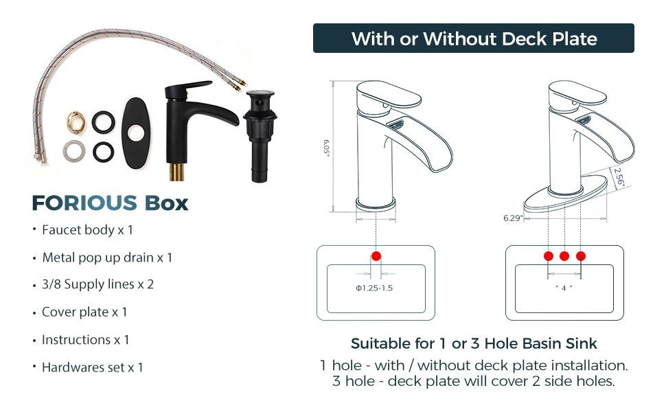 FORIOUS Waterfall Bathroom Faucet with Metal Pop Up Drain Brass Single Handle Bathroom Sink Faucet Matte Black Single Hole Toilet Sink Basin Faucet