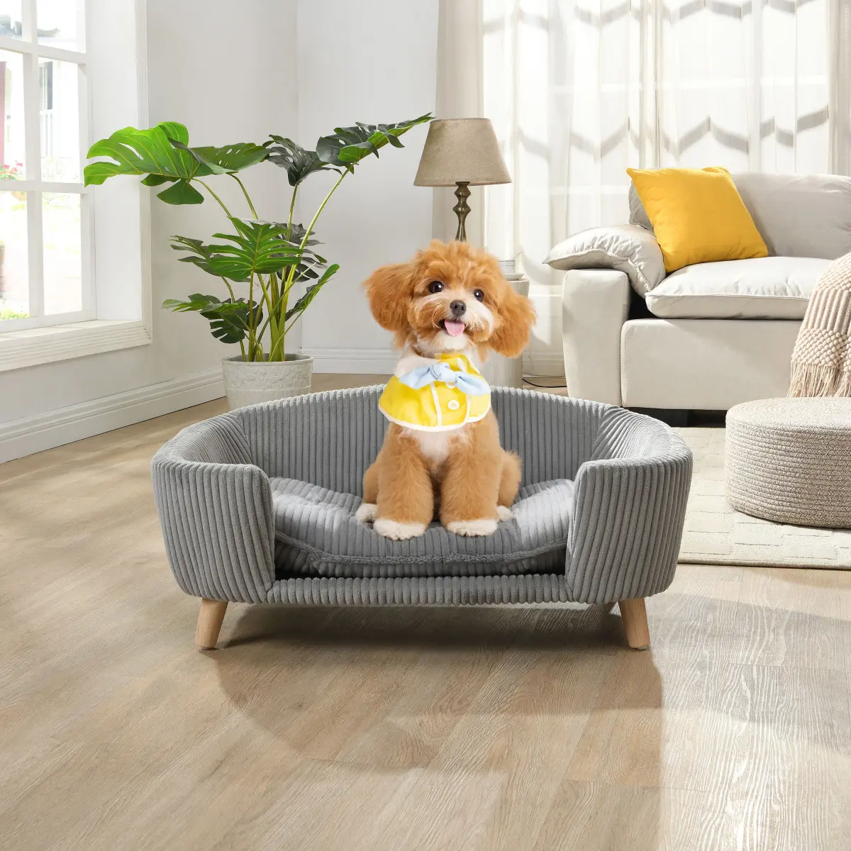 AobtkelElevated Dog Bed Frame for Small Dog, Corduroy Pet Couch Bed with Rubber Wood Legs and Supportive Foam, Grey, Easy Assembly
