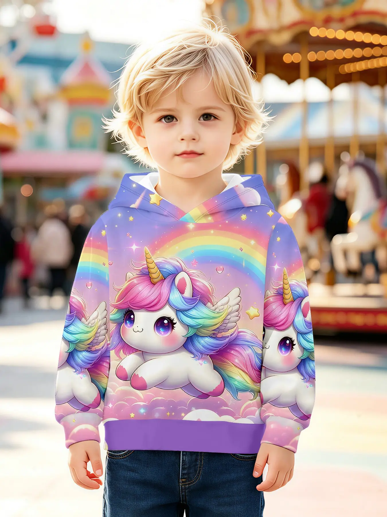 Unisex Cute Unicorn Rainbow Cloud Star Hooded Top, Long Sleeve Loose-Fit Casual Jumper, All over Print, Kids & Adults Clothing