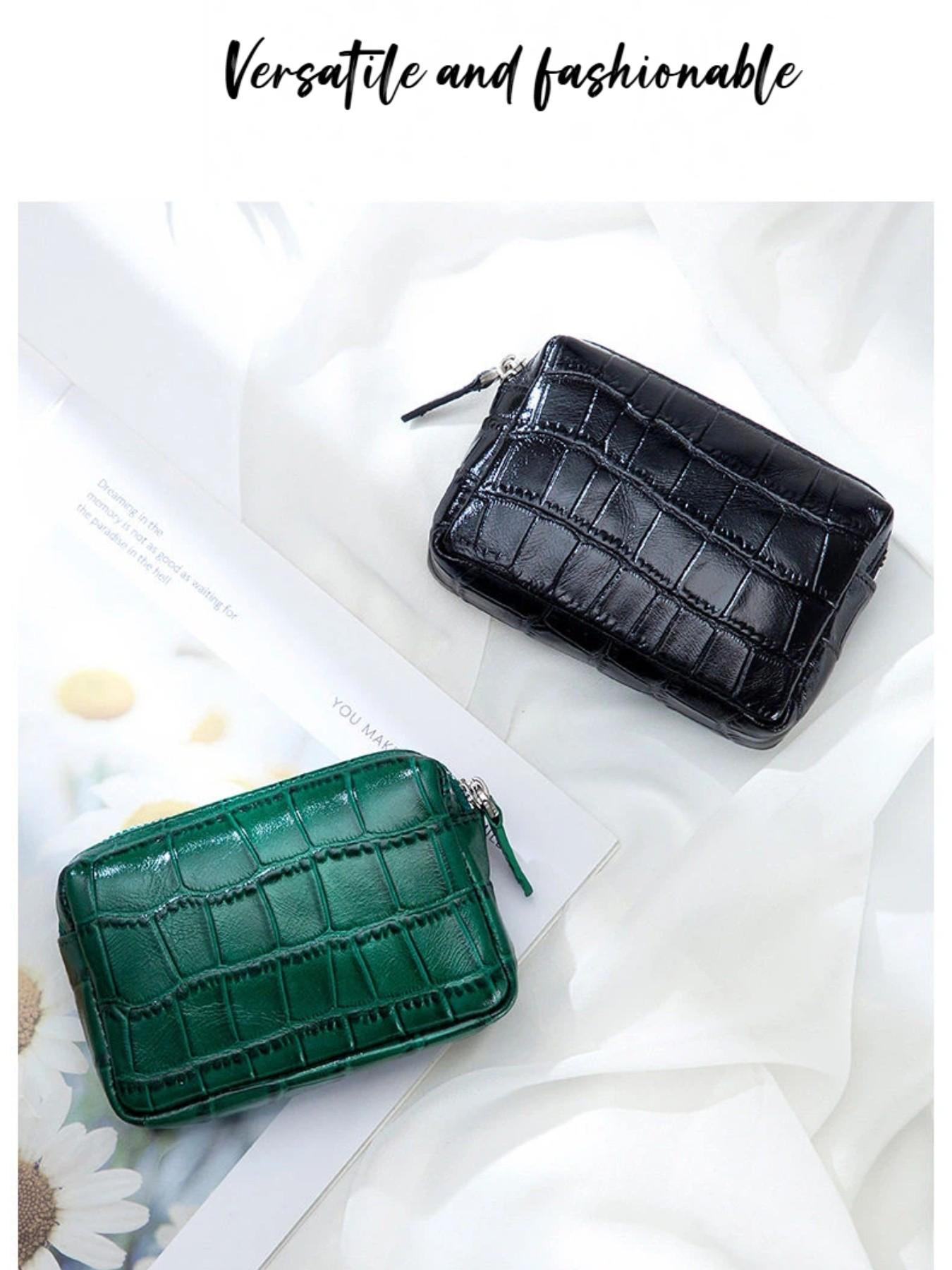 Top Grain Leather Coin Purse, Multi-Functional Mini Crocodile Pattern Organizer, Fashionable Wallet for All Seasons, Compact Card Holder & Earphone Case