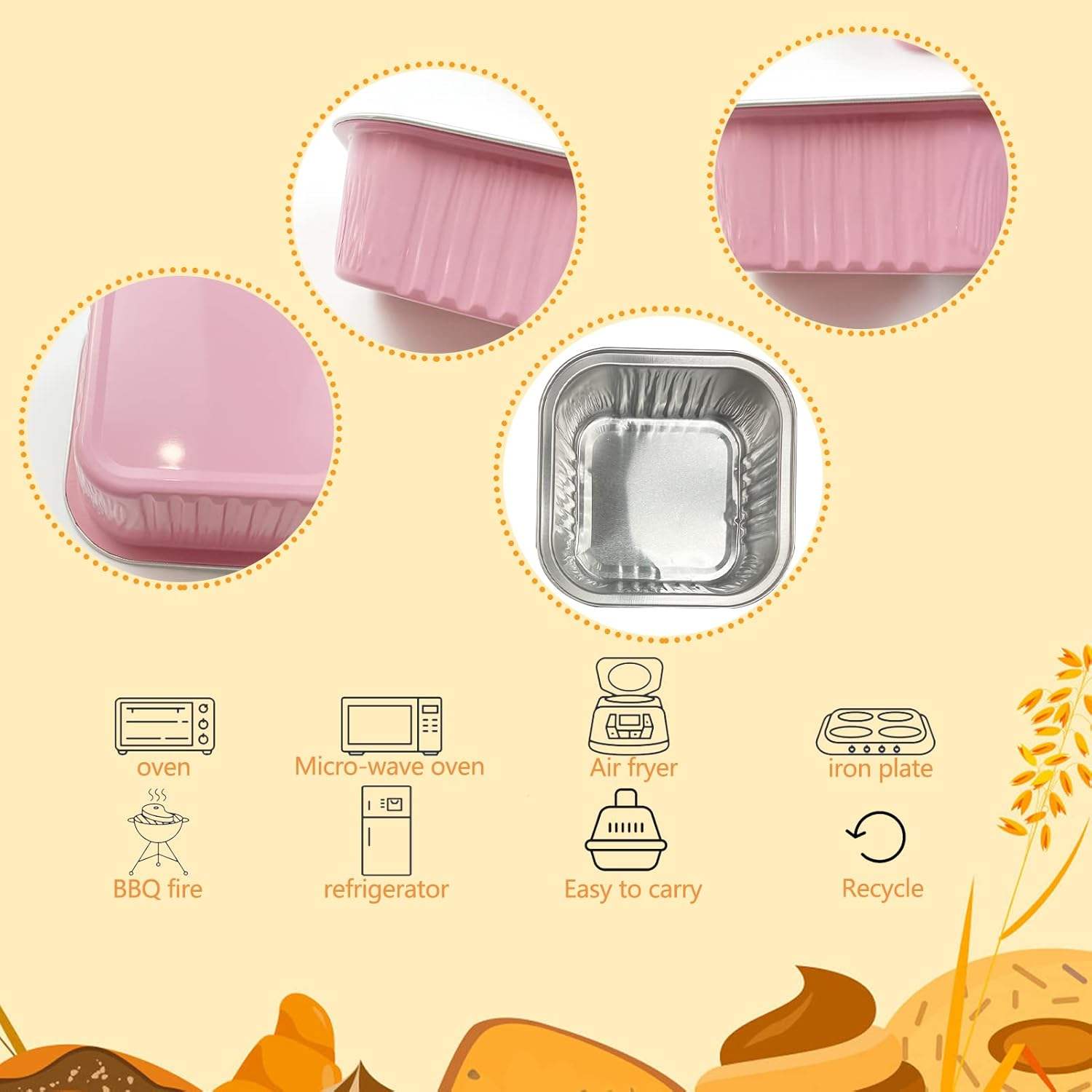 30 Pcs 5 oz Pink Mini Disposable Cake Plates, Foil Square Baking Cups with Lids,Muffin Plates, 3.5x3.5 Small Baking Cake Plates, Cupcake Containers, Suitable for Single Cakes, Mini Muffin Plates