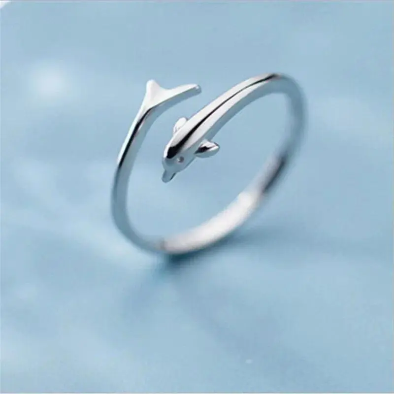 Silver Dolphin Ring, Cute Fish Shaped Animal Jewelry, Adjustable Open Band for Everyday Wear and as an Engagement Gift Idea, Animals, Dolphin Fish, Fashion, Unisex
