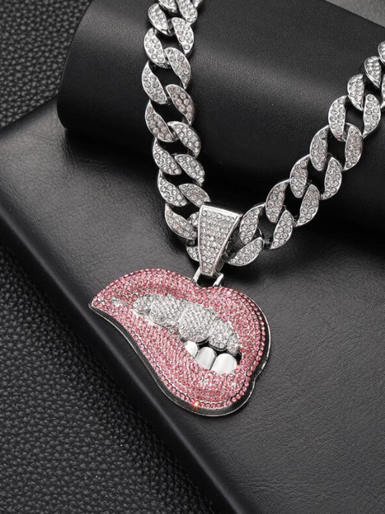 Silver Iced Out Pink Lips Pendant Necklace - Cuban Link Chain Hip Hop Jewelry for Men Women iced out necklace, cuban link necklace, lips necklace, pink lips pendant, hip hop jewelry, silver cuban chain, rhinestone necklace, two tone necklace, grillz jewel