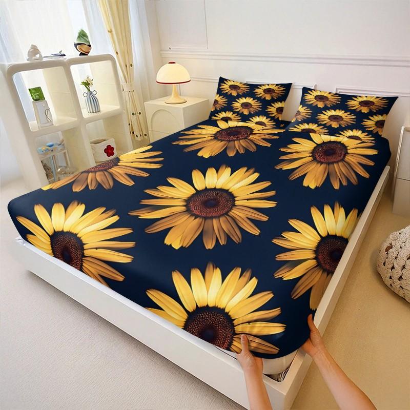 3Pcs Vibrant Sunflower Pattern Fitted Sheet Set, Modern Floral Digital Print Bedding Set, Soft and Cozy Microfiber Bedspreads, Ideal for Brightening Up Your Bedroom and Creating a Contemporary Ambiance, Includes 2 Pillowcases, No Pillow Core