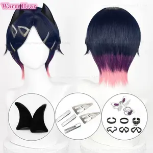 New! Game Clove Short 30cm Mixed Color Cosplay Anime Wig And Horns Heat Resistant Synthetic Hair Halloween Party Wigs + Wig Cap