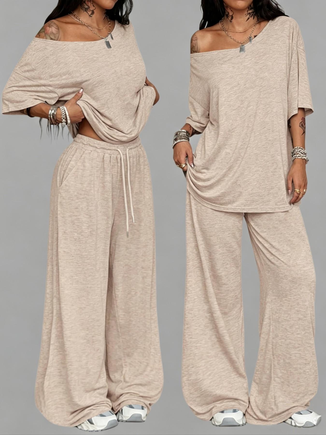 Women's Casual Solid Color Sport Two-Piece Set, Sweatsuit Loose Long Pants & Wide Leg Slant Neck Pant Suit, Spring & Fall Fashion