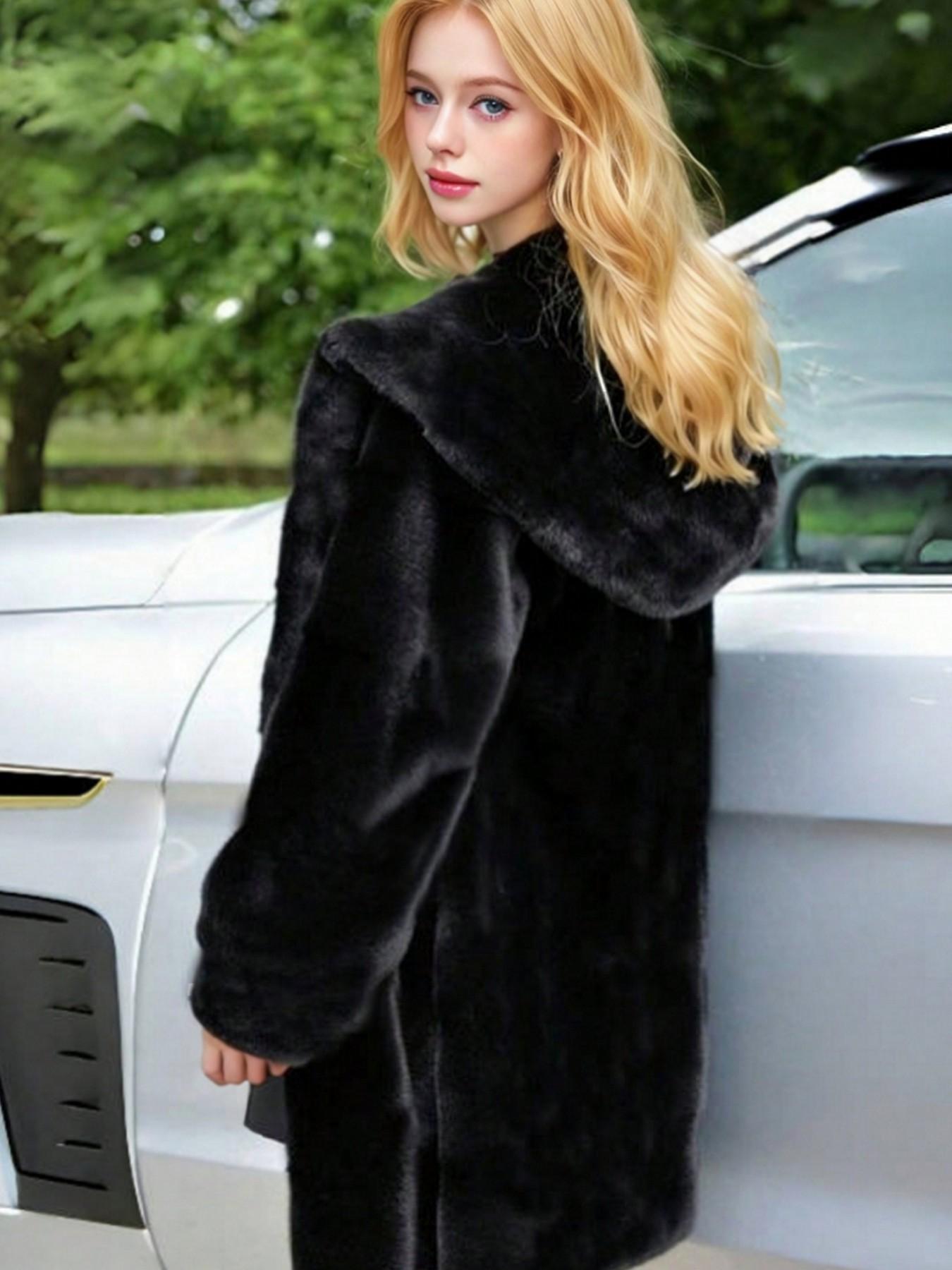 Women's Hooded Faux Fur Coat, Loose Mid-Length Luxurious Plush Jacket, Soft Puffy Texture, Elegant Fall Winter Outerwear