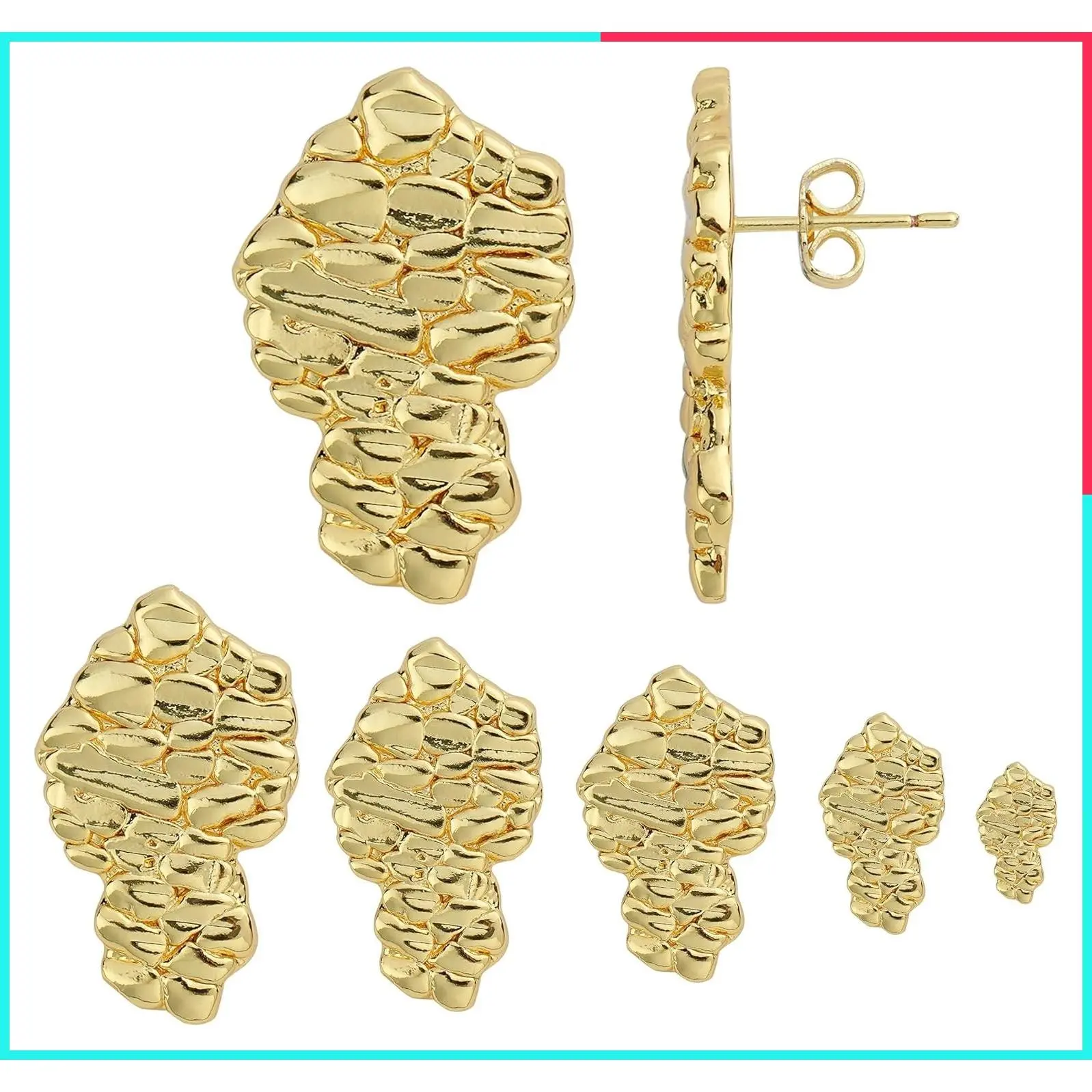14k Gold Plated Rough Textured Cookie Nugget Stud Earrings Unisex