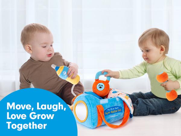 hahaland Plush Fitness Rattle Baby Toy Set: Sensory Workout Toy Collection with Dumbbell, Kettlebell, Hanging Punching Bag, Rattles, Crinkle Paper & Mirror ― Montessori Toys・Newborn Gifts for Boys & Girls Cloth Play