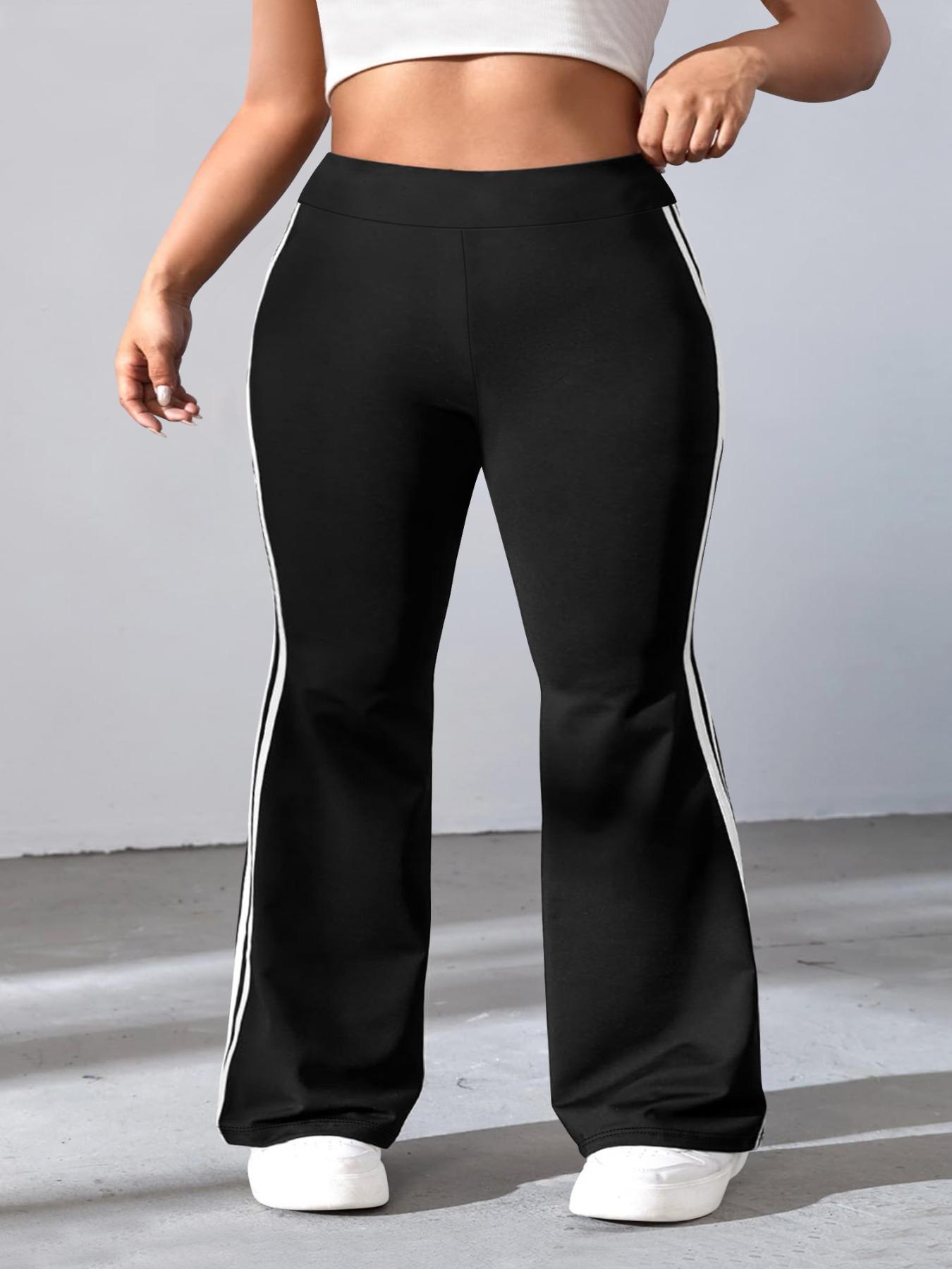 【Plus Size】 Side Stripe Design Flare Leg Leggings, Casual Comfy High Waist Bell Bottom Trousers for Daily Wear, High Waisted Leggings, Women's Bottoms for All Seasons