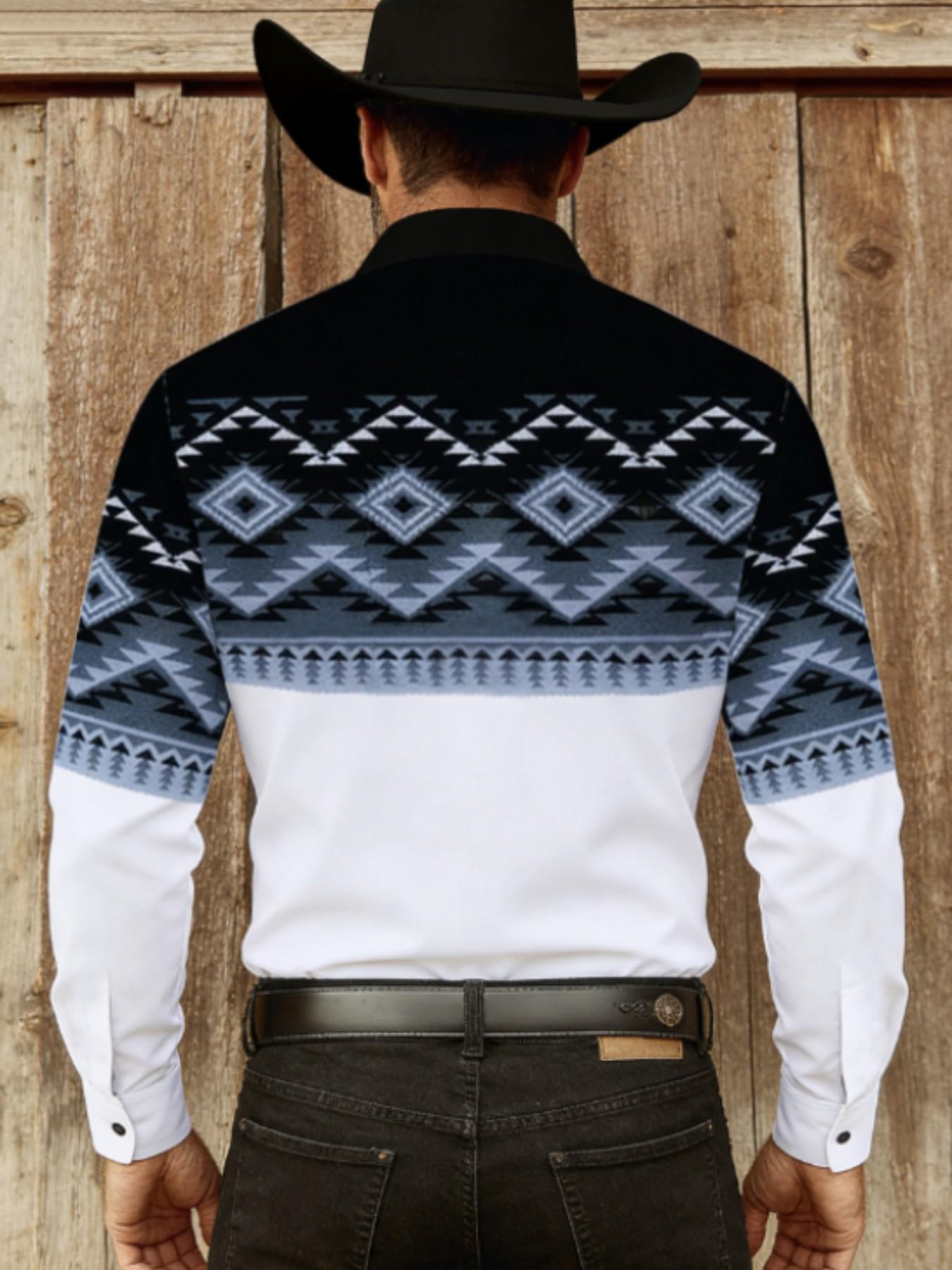 Men's Western Cowboy Style Navajo Geometric Print Long Sleeve Shirt, Vintage Patchwork Colorblock Casual Button Front Top