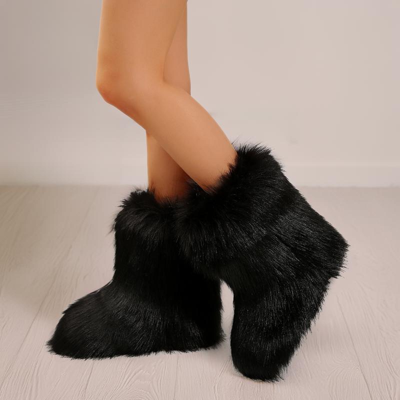 Faux Boot Furry Fluffy Round Toe Suede Snow Winter Women Boots Comfy Plush Warm Windproof  Outdoor Indoor  Shoes Mid-Calf Boot Springfresh