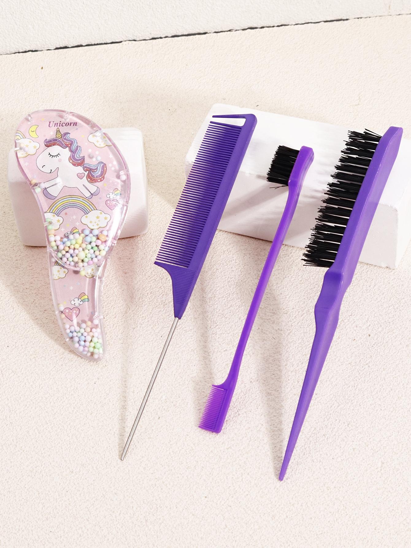 4-Piece Hair Styling Set, Cartoon Sand Cushion Massage Comb, Nylon Brush, Tail Comb, Edge Control Brush, Durable Abs Handle
