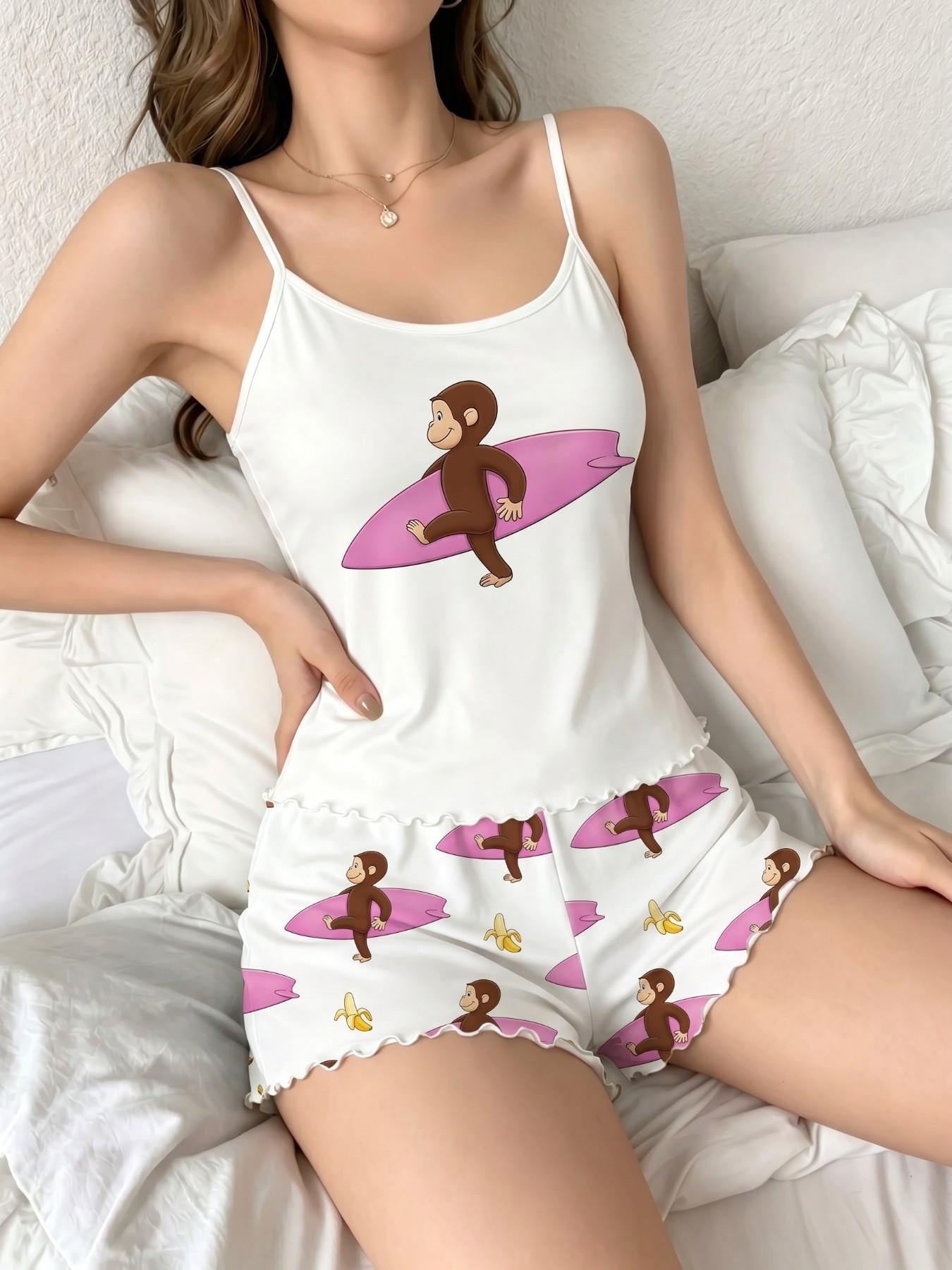Summer Women's Pajama Set 2-Piece Camisole Panties Set, Sleeveless Casual Fitted Sleepwear, Strawberry Girl Print, Comfortable Home, Loungewear