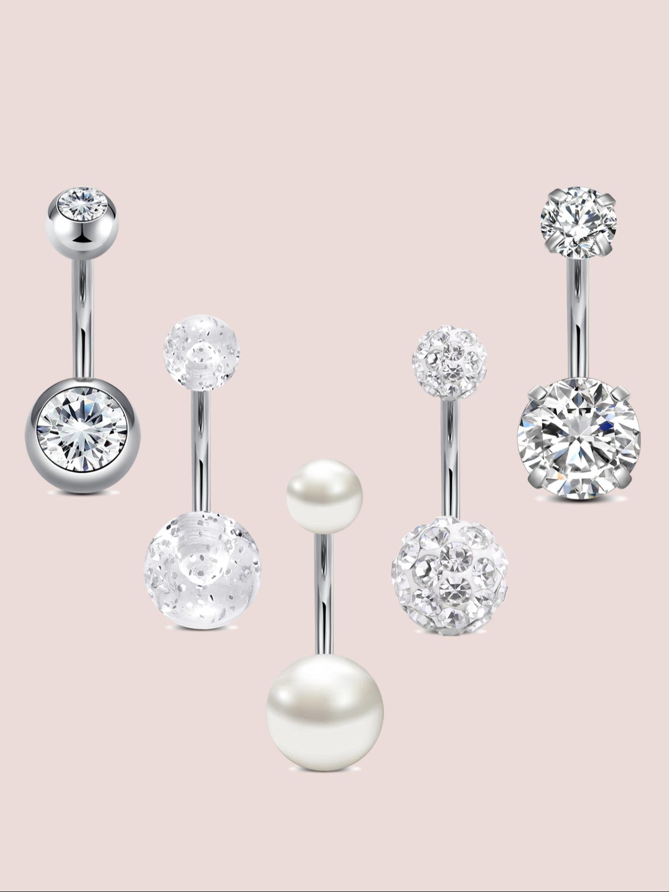 Stainless Steel Cz Belly Ring Set, Belly Button Piercing, 5 Counts Navel Piercing Jewelry, Elegant Design for Women and Girls, Perfect Gift for Holidays