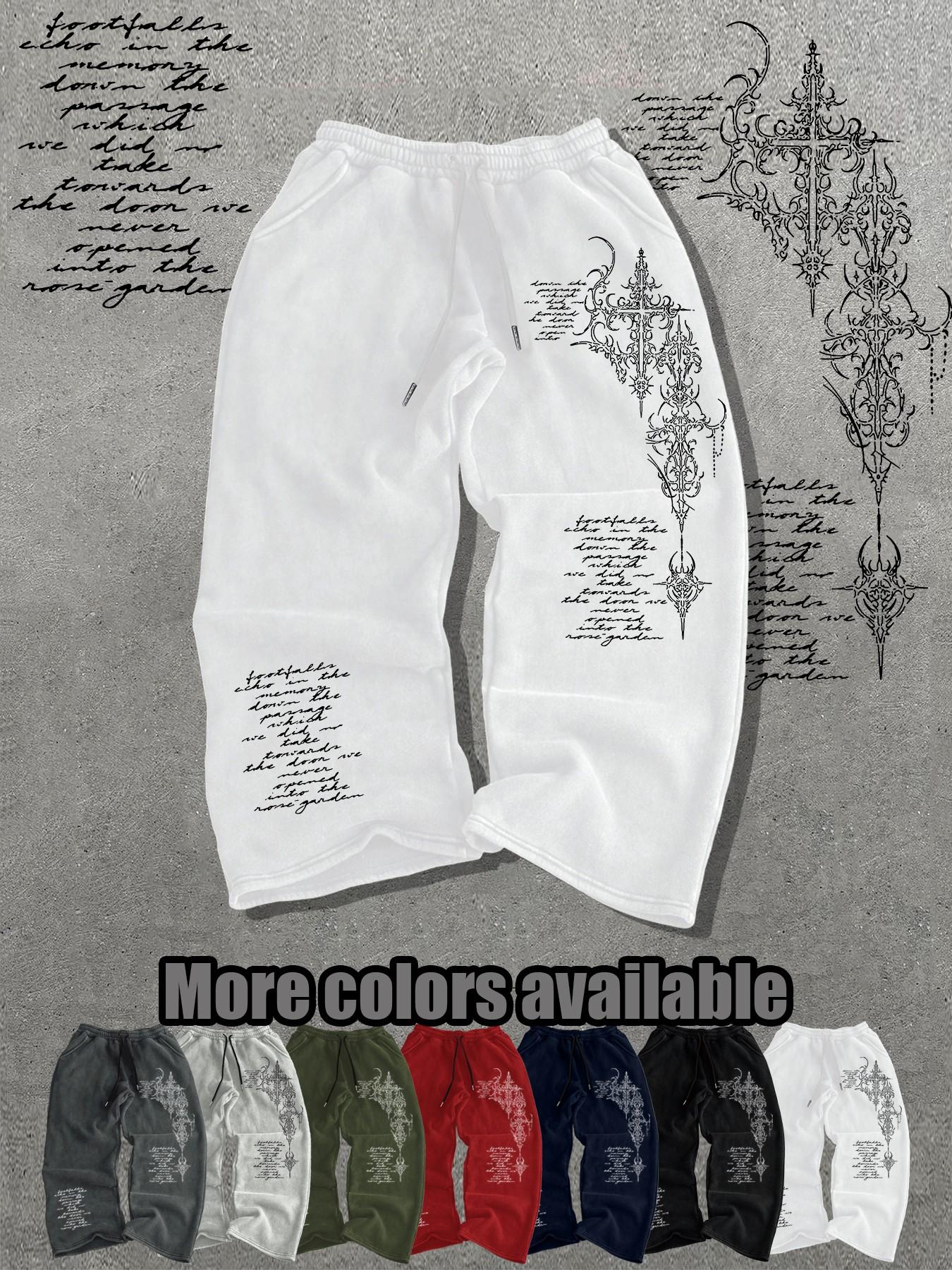 Men's Loose-Fit Graphic Pants, Drawstring Waist Long Pants, Streetwear Style, Casual Everyday Wear, Must-Have for Men's Closet