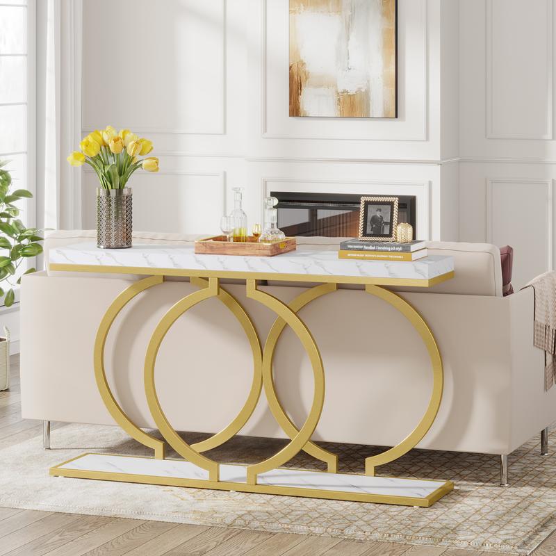 LITTLE TREE Gold Console Table, 55 inch Faux Marble Entryway Table Narrow Long Sofa Table, Modern Accent Table for Living Room, Entrance Table Geometric Metal Frame