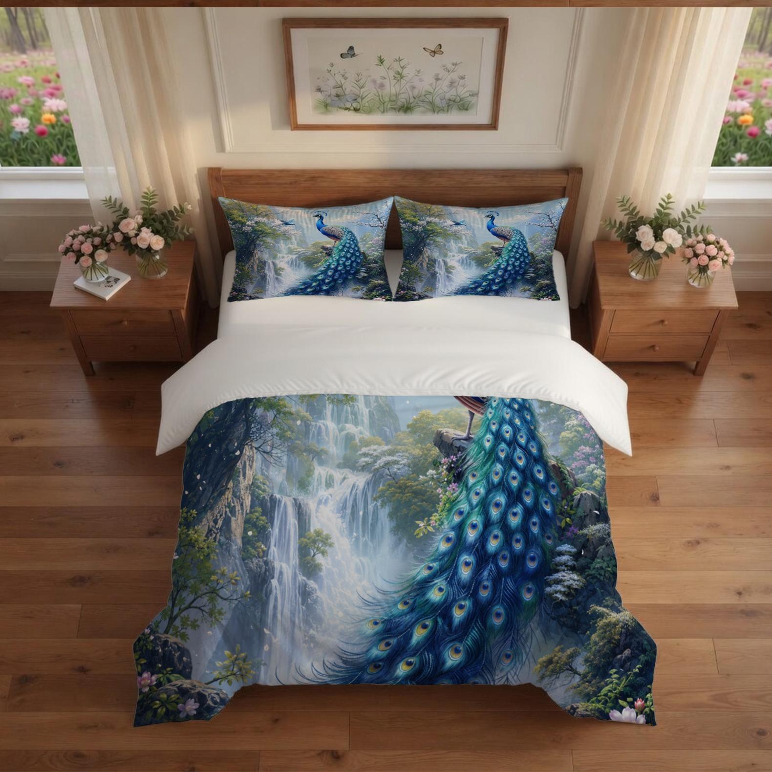 Peacock & Peony Duvet Cover Set, 2/3 Pieces (1 Duvet Cover + 1/2 Pillowcases, No Inserts Included), Vintage Oriental Floral Print, Soft & Breathable Bedding, Suitable for Adults' Bedroom Decor and Home Use for Chinese Style Lovers