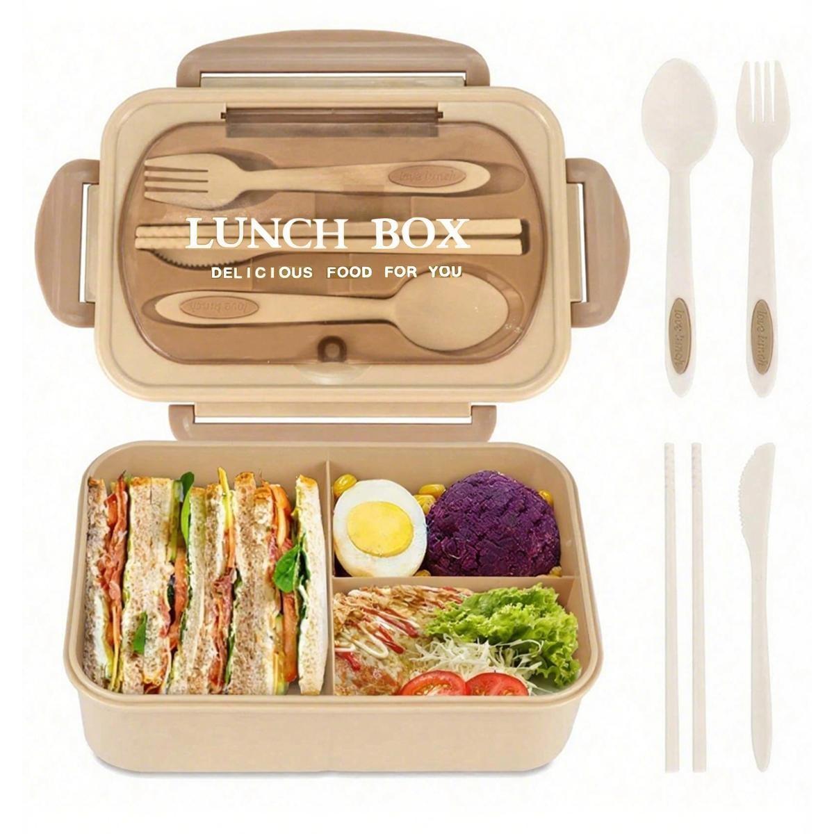 Leak-Proof Bento Box with Utensils, Microwave Safe, 3 Compartment Design, School & Work Lunchbox, Outdoor Meal Container, Safety Lock Lid