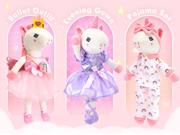hahaland Unicorns Toys for Ballerina Doll Stuffed Toys for Girls, Ballet Dress up Doll, Pretent Doll Toy 3 Set Clothes with Plush Bag, Kids Toy Birthday Gifts for 2-4 6 Year Old Cuddly Outfits
